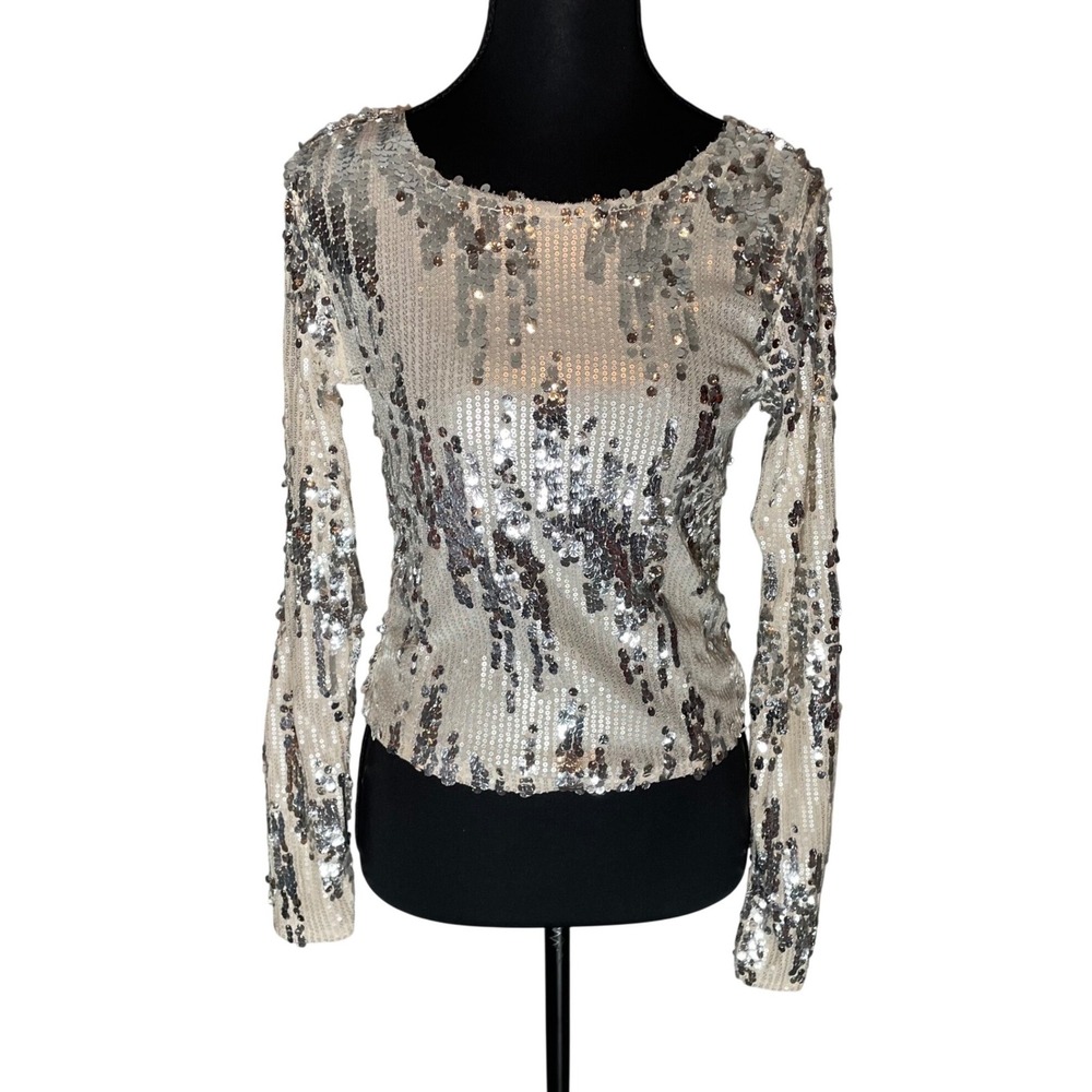 Madden Girl Silver Sequin Mesh Long Sleeve Top Scoop Neck S Glam Y2K Mermaidcore